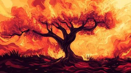 Dramatic forest fire wildfire raging through trees in bright red and orange flames of destruction