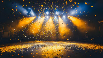 Wall Mural - Golden Confetti Falling on Stage with Spotlights Background Image