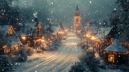 Poster - The quaint village comes alive under a blanket of snow, with warm lights illuminating cozy houses and a towering church steeple. Snowflakes gently fall, enhancing the enchanting ambiance.