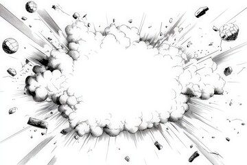 An explosion is depicted in a black and white comic panel, featuring a dramatic burst of clouds and debris in an artistic explosion effect.