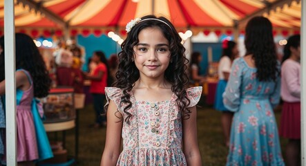 Wall Mural - Hispanic Young Girl with Loose Curls in Playful Dress at Beach Retro Portrait Concept