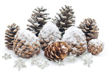 Wall Mural - Snow-covered pinecones with delicate snowflakes create a winter wonderland on a bright white background