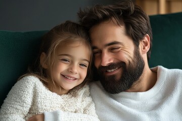 A delightful moment captured between a father and daughter, sharing smiles. Their heartwarming joy is palpable, showcasing familial love and connection.