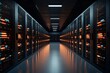 © Odin AI - A symmetrical server corridor adorned with orange-hued lights that create an ambiance of warmth and technological advancement in data management space.