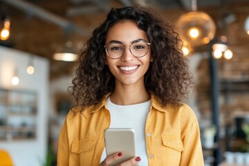 A joyful woman with curly hair and glasses is pictured holding her smartphone, standing in a stylish space with warm lighting and an inviting atmosphere.