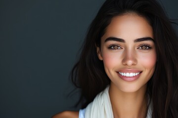 A close-up portrait of a smiling woman with long dark hair, wearing a casual white scarf, evoking warmth and friendliness in a simple, elegant setting.