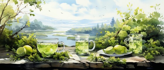 Refreshing Green Tea in Serene Watercolor Landscape