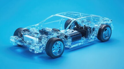 Detailed chassis of electric car with battery cells, transparent x-ray against blue, EV technology