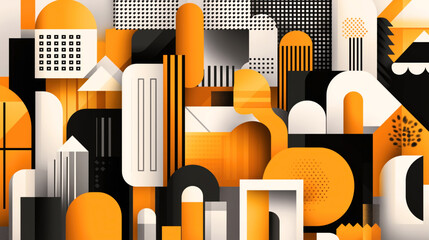 Wall Mural - abstract geometric cityscape illustration with various shapes and patterns in orange, black, and whi