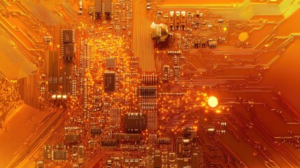 Poster - Futuristic orange PCB close-up with microchip, circuit paths glowing subtly, representing digital technology