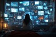 © Odin AI - In the setting of a tranquil room, a person watches a wall of screens, emphasizing the blend of personal space and overwhelming digital immersion.