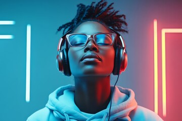 A person with headphones basks in neon glow, deeply enveloped in audio experiences within a dynamic world of colorful visual elements, capturing modern serenity.