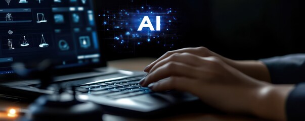 AI-Driven Workspace with High-tech Computer Interface at Night