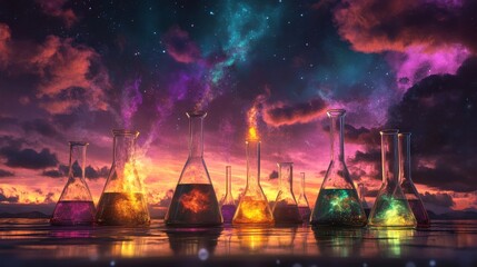 glowing laboratory beakers engaging in chemical reactions beneath a vibrant night sky