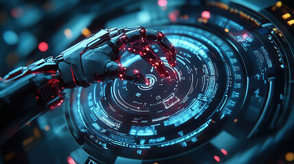Abstract futuristic robot hand touching a digital holographic screen with circular high-tech elements, a cyber technology concept