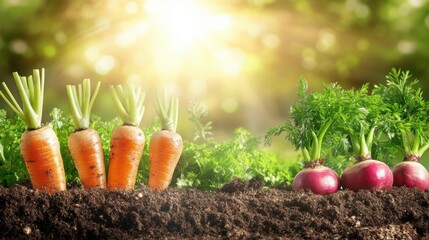 Aufkleber - Brightly colored carrots, beets, and onions thrive under sunlight, showcasing their natural beauty in a lush garden setting. Generative AI