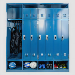 sports equipment in blue empty locker room low angle photo.  highlighted by white, png