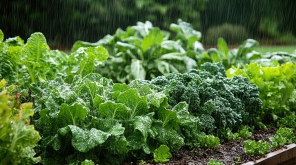 Aufkleber - Light rain revitalizes a lush vegetable garden, with droplets enhancing the green leaves and nourishing the plants beneath the cloudy sky. Generative AI