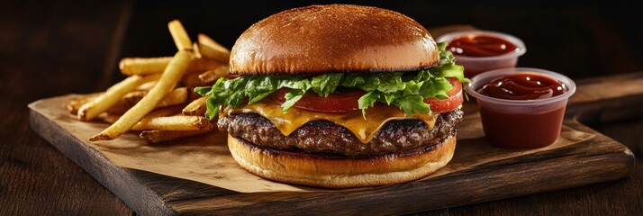Poster - This mouthwatering burger boasts melted cheese, crisp lettuce, ripe tomatoes, and rich sauce, served alongside golden fries. Generative AI