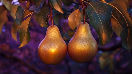 Wall Mural - Two ripe pears hanging from a branch with green leaves against a blurred purple background.