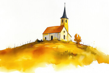 Yellow watercolor painting of church on hill in countryside