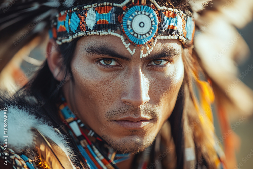 a Native American dancer in ceremonial regalia, performing at a powwow ...