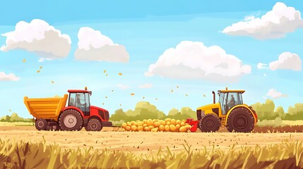 Two tractors working in a field, harvesting crops under a bright blue sky with fluffy clouds.