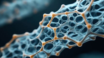 Close-up of a complex abstract blue mesh structure with orange nodes, resembling a molecular or neural network pattern, against a dark background.