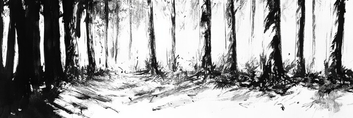 Leinwandbilder - The sketch captures a dense forest with intricate tree details and shadows, evoking a tranquil atmosphere in nature's embrace. Generative AI