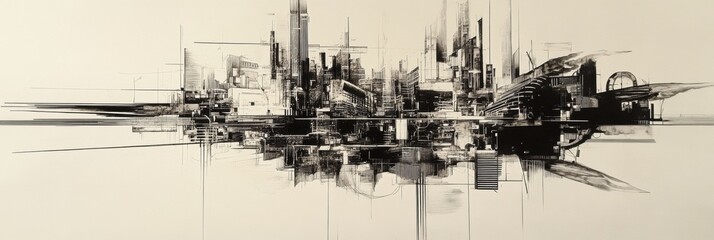Fototapete - The artwork showcases a complex urban landscape using black ink, illustrating diverse structures and dynamic lines against a pale background. Generative AI