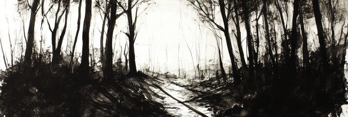 Leinwandbilder - A captivating forest sketched in black ink, revealing intricate tree details and deep shadows, creating a serene atmosphere. Generative AI