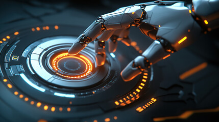 Abstract futuristic robot hand touching a digital holographic screen with circular high-tech elements, a cyber technology concept