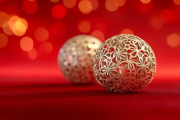 golden christmas balls on red backdrop, festive decoration, holiday celebration, warm seasonal ambia
