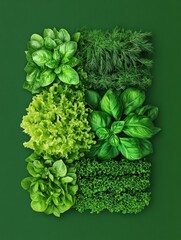 Poster - Lettuce, dill, and basil are artfully arranged, showcasing their lush green colors and textures against a solid backdrop. Generative AI