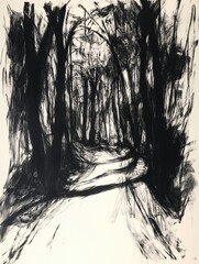 Leinwandbilder - This artwork portrays a dense forest filled with intricately detailed trees and shadows, inviting viewers into its mysterious depths. Generative AI