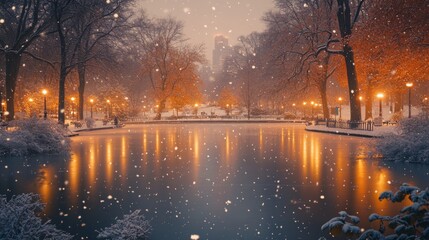 Poster - Snow gently falls over a tranquil park at dusk, where warm lights from street lamps illuminate the pathway and reflect on the peaceful lake.