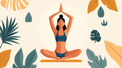 Illustration of a woman practicing yoga in seated pose surrounded by stylized leaves and plants on a light background