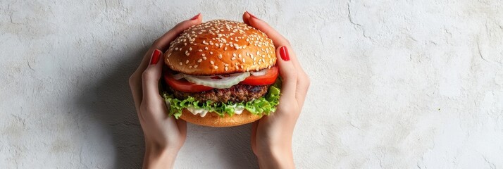 Aufkleber - Two hands proudly hold a large, delicious burger filled with fresh ingredients, showcasing a vibrant combination of flavors. Generative AI