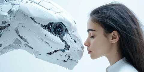 A captivating scene features a human woman and a robotic dinosaur sharing a close moment, juxtaposing human emotion and technological evolution.