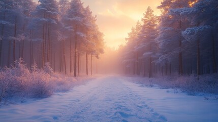 Leinwandbilder - Gentle sunlight illuminates a serene forest path covered in fresh snow. Tall trees frame the tranquil scene, creating a peaceful winter ambiance.