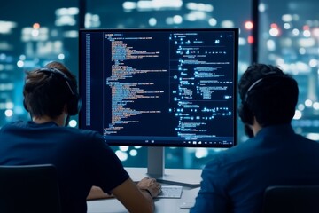 two developers wearing headsets are intensely focused on their programming work. a large monitor dis