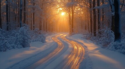 Leinwandbilder - A winding road through a snowy forest during sunset captures a tranquil winter evening. The golden light glimmers off the snow, creating a peaceful atmosphere.