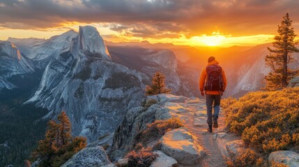Poster - A lone hiker walks along a rocky trail, admiring the stunning sunset that casts warm hues over Half Dome and the surrounding peaks of Yosemite National Park.