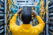 © Odin AI - A technician wearing a yellow shirt manages colorful network cables in a server room, emphasizing the complexity and necessity of IT maintenance.