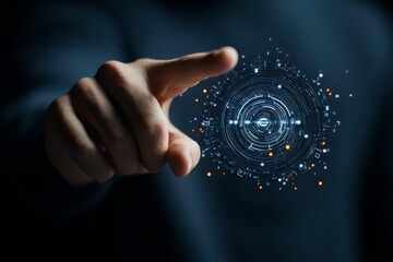 A hand extends to touch a virtual digital interface, featuring concentric circles and multiple nodes, suggesting themes of connectivity, innovation, and futurism.