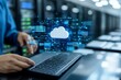 © Odin AI - A professional interacts with a laptop in a server room, featuring a digital cloud icon and connected lines depicting cloud technology and data storage solutions.