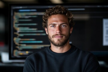 a bearded coder sits at his desk, intensely focused on the computer screen where intricate lines of 