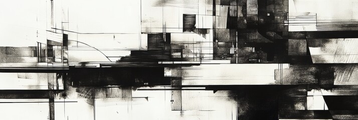 Fototapete - The artwork showcases an intricate urban landscape with abstract lines and contrasting black sections, creating a unique atmosphere. Generative AI
