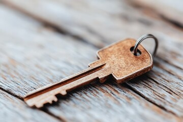 a rustic key with a vintage aesthetic lies on a coarse wooden background, evoking a sense of history