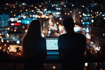 Silhouettes of two people using a laptop on a balcony with a cityscape background and bokeh lights at night, showcasing collaboration and technology.